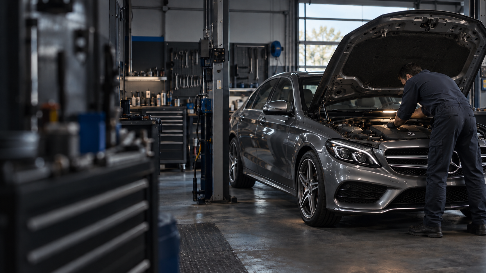 Escena ilustrativa de un mecánico trabajando en un Mercedes-Benz Clase C