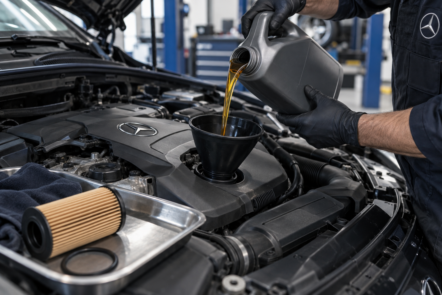 Cambio de aceite y filtro en un motor Mercedes-Benz. Imagen ilustrativa