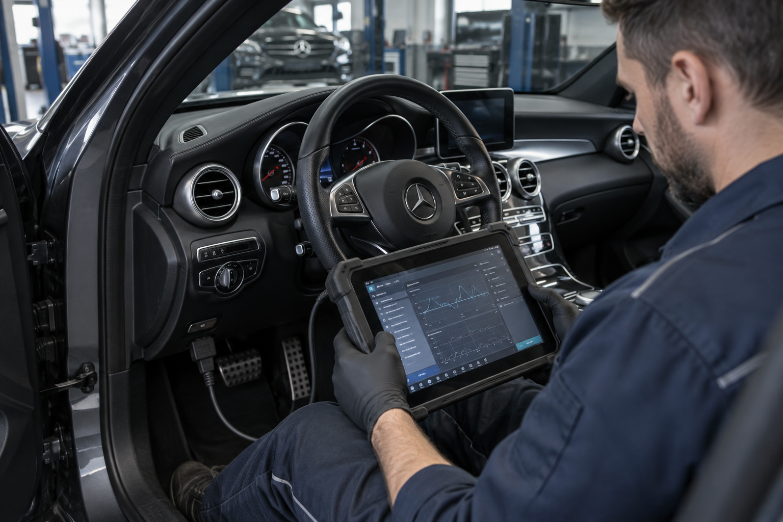 Diagnóstico electrónico con una tableta en un Mercedes-Benz Clase C. Imagen ilustrativa