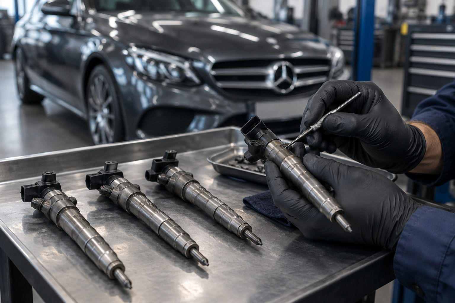 Inspección de inyectores diésel con un Mercedes-Benz al fondo. Imagen ilustrativa