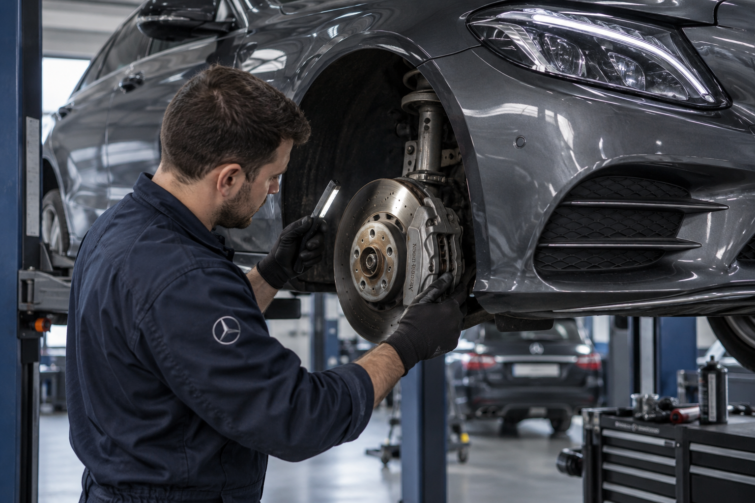 Inspección preventiva de los frenos de un Mercedes-Benz Clase C. Imagen ilustrativa