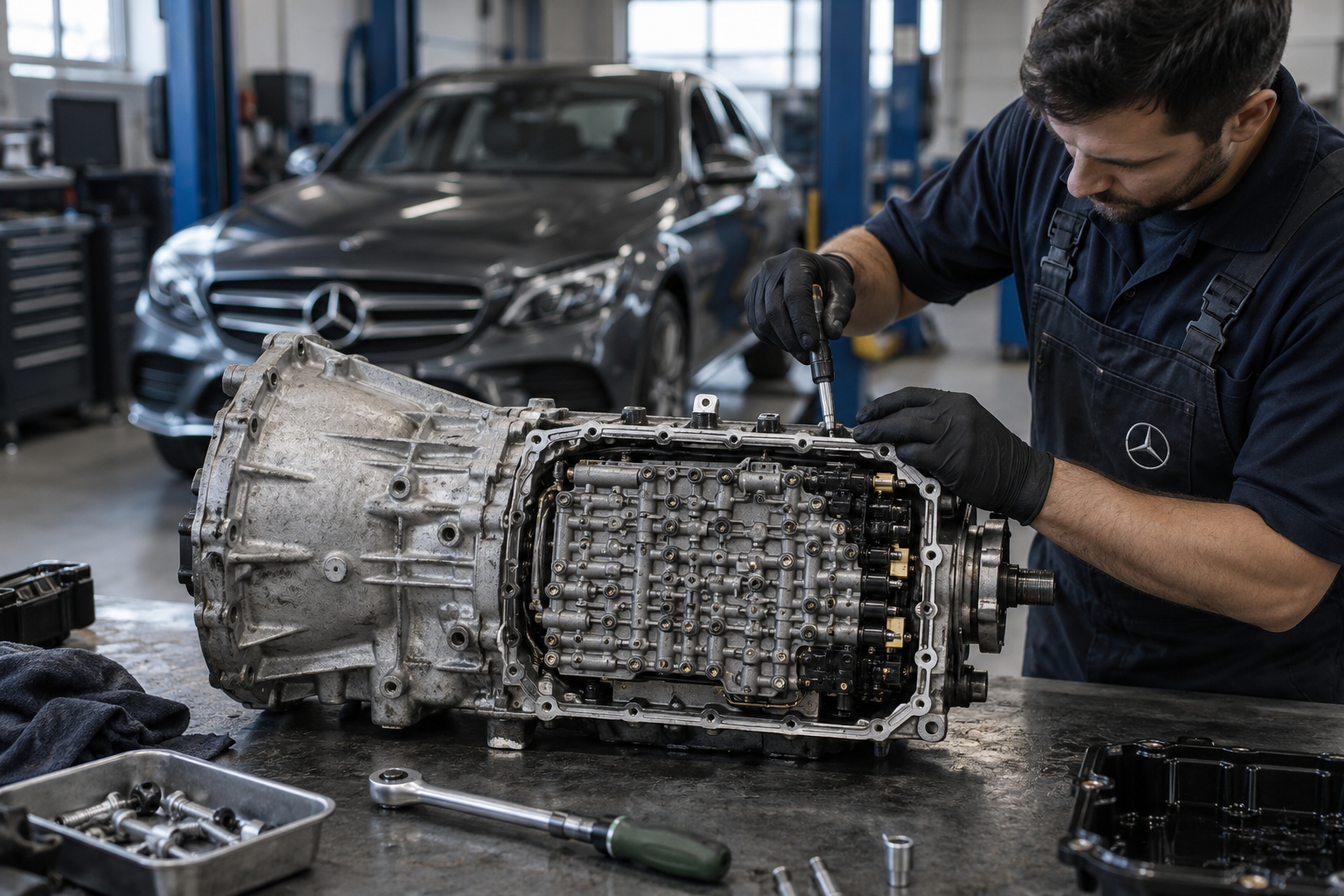 Inspección de una transmisión automática con un Mercedes-Benz al fondo. Imagen ilustrativa